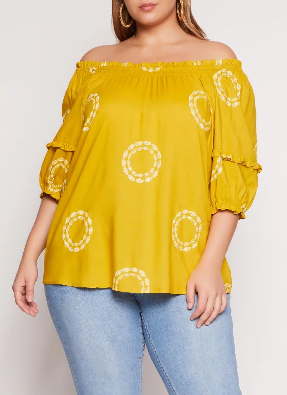 Plus Size Printed Off The Shoulder Puff Sleeve Blouse