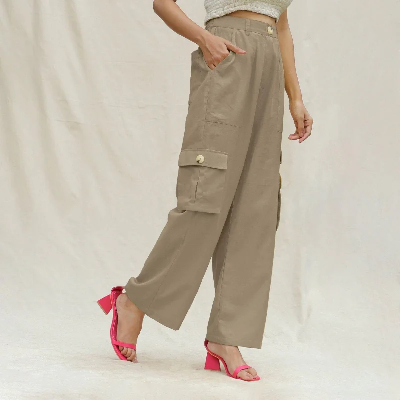 Beige Cotton Flax Elasticated High-Rise Cargo Pant