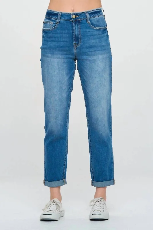 High Rise Roll Up Boyfriend Jeans In Medium Wash