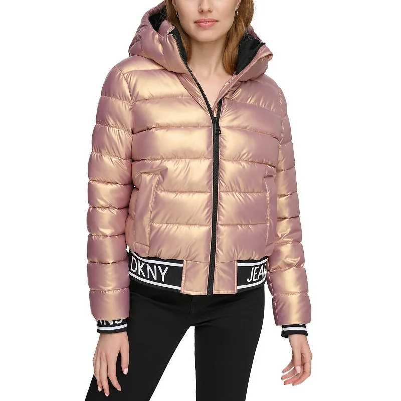 DKNY Jeans Womens Quilted Hooded Puffer Jacket