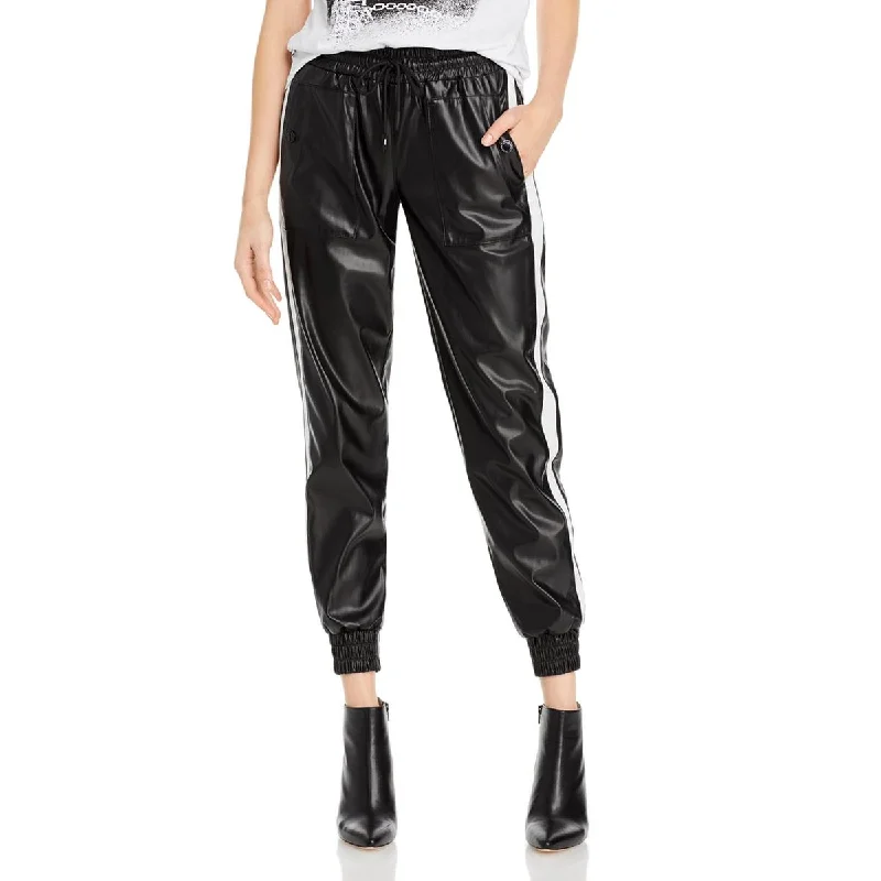 Womens Faux Leather Striped Jogger Pants