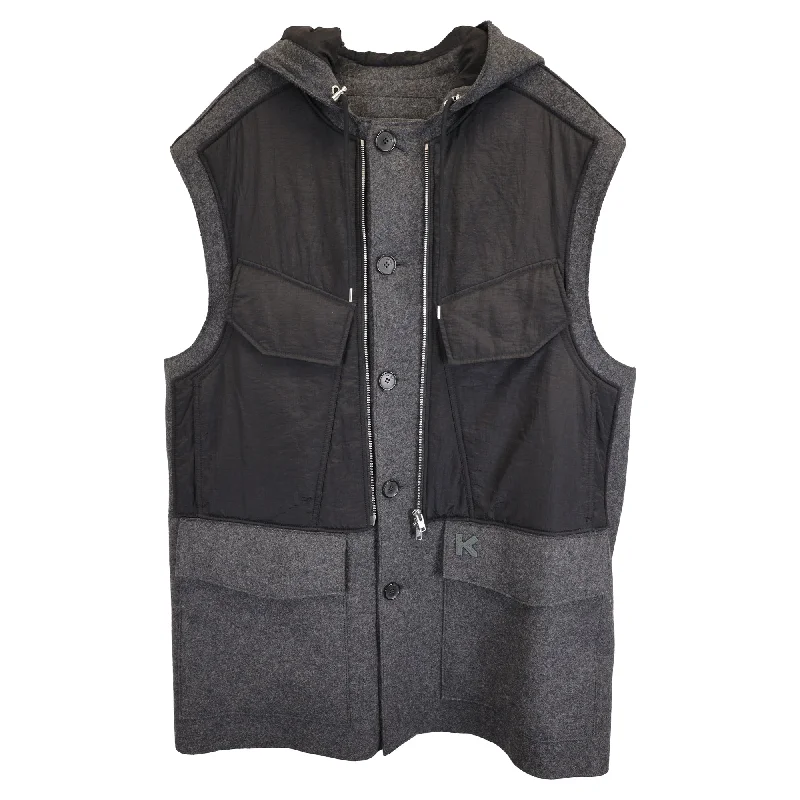 Kenzo K Patch Button Down Hooded Vest Jacket in Grey and Black Wool and Nylon