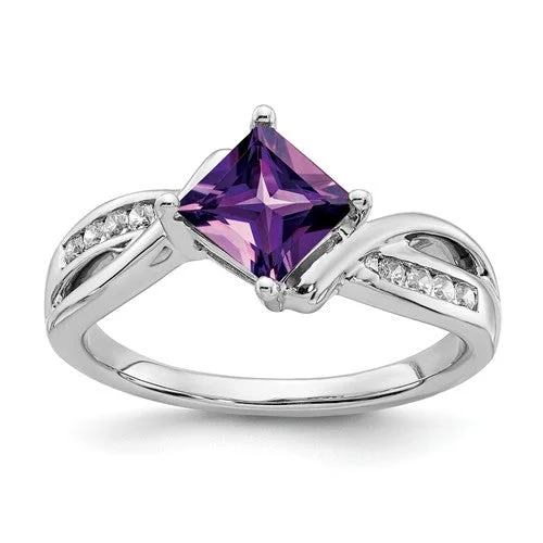 14k White Gold Amethyst Square and Diamond Ring