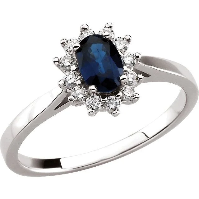 14k White Gold Blue Sapphire Oval & Diamond Halo-Style Ring