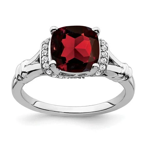 14K White Gold Cushion Cut Garnet And Diamond Ring