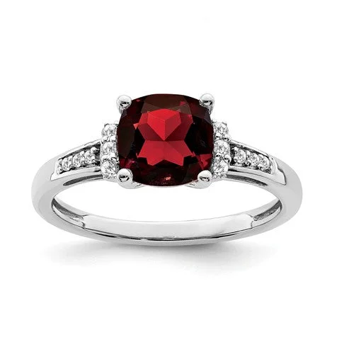 14k White Gold Garnet Cushion and Diamond Ring