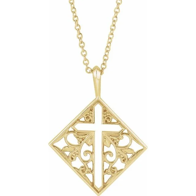 14k Yellow Gold Ornate Pierced Cross 16-18" Necklace