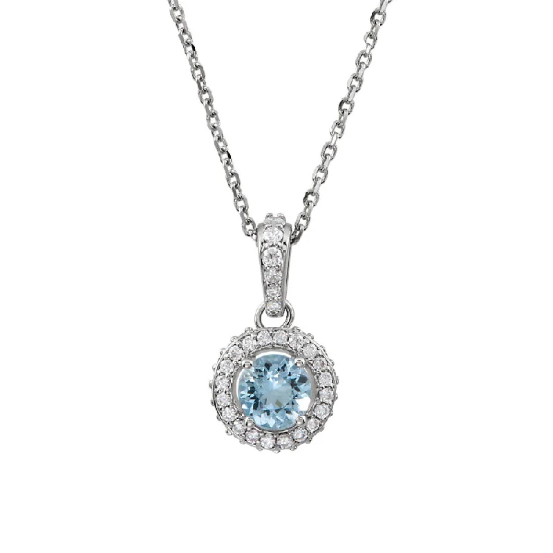 Aquamarine & 1/4 Ctw Diamond Entourage 14k White Gold Necklace, 18 In