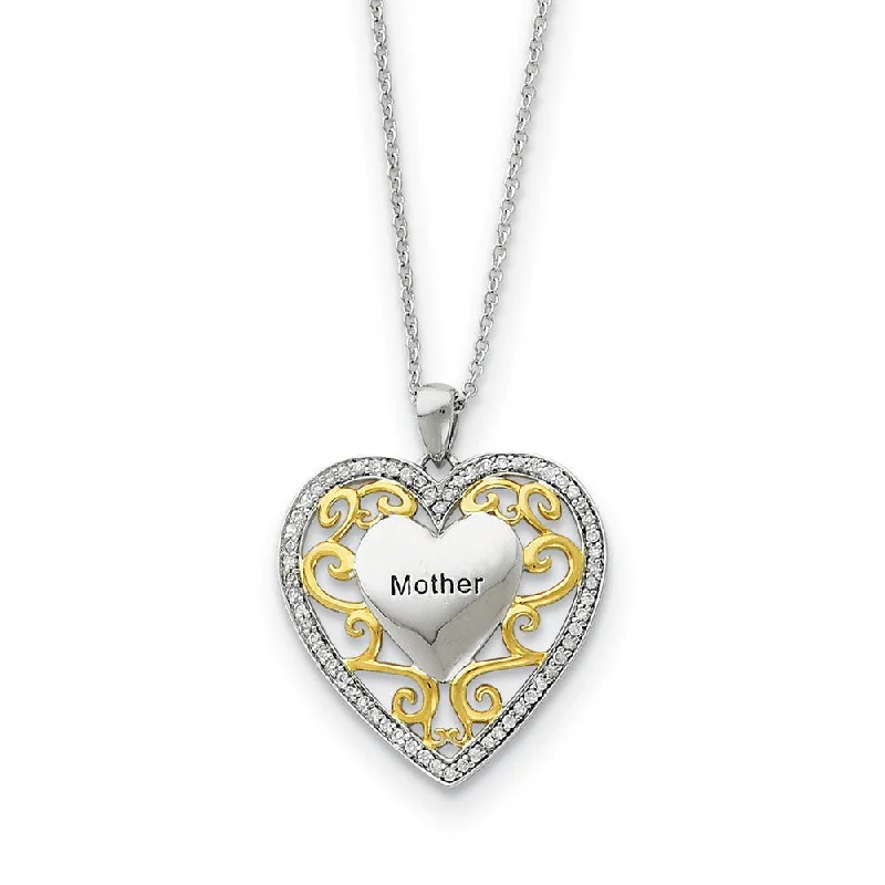 Rhodium & Gold Tone Plated Silver & CZ Mother Heart Necklace, 18 Inch