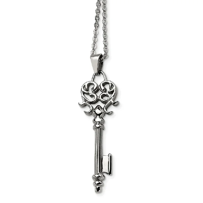 Stainless Steel Scroll Key Pendant Necklace - 22 Inch