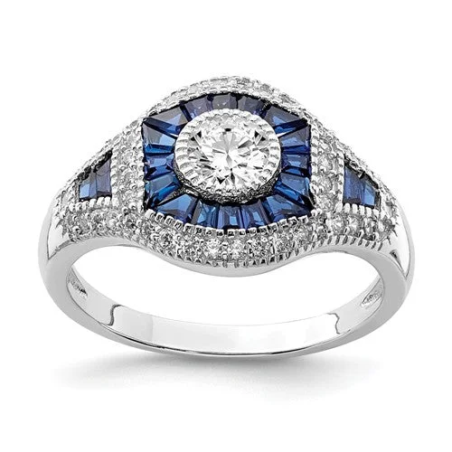 Sterling Silver Created Blue Spinel And CZ Ring