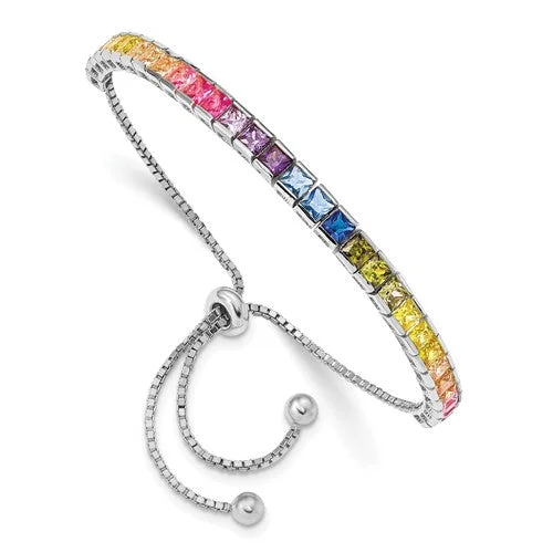 Sterling Silver CZ 4mm Channel-Set Colorful Rainbow Adjustable Bracelet