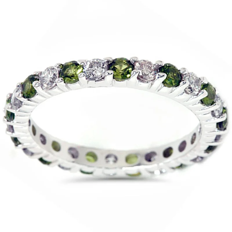 1 1/2ct Peridot & Diamond Common Prong Eternity Wedding Ring 14K White Gold