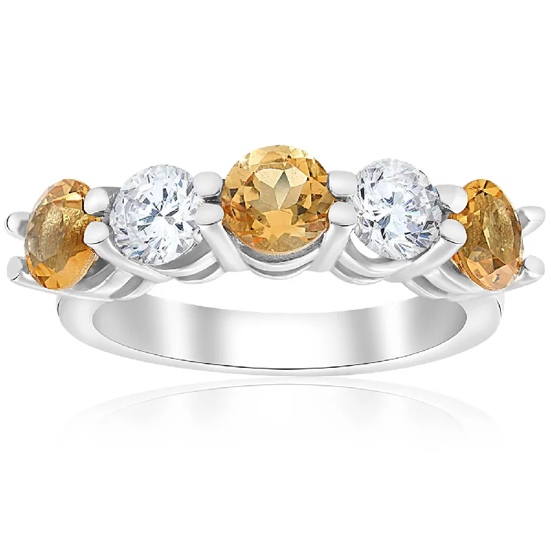 2 1/2ct Citrine & Diamond 5-Stone Ring 14K White Gold