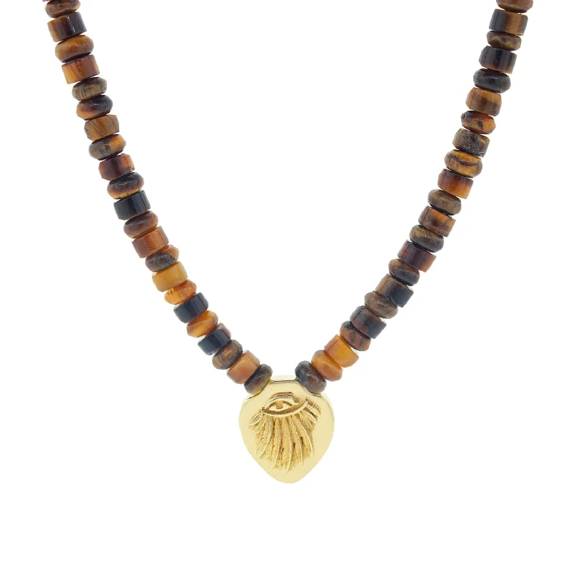 Angel Wing Shield Pendant on Tiger's Eye Beaded Necklace