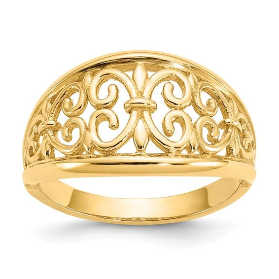 Fleur de Lis Filigree Tapered Ring in 14K Yellow Gold