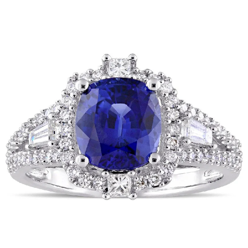 Miadora Signature Collection 14k White Gold Blue Sapphire and 3/4ct TDW Diamond Vintage Halo Ring