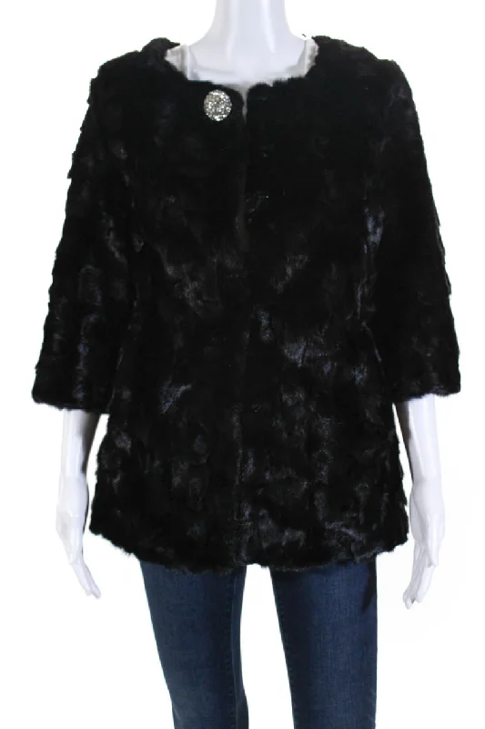 Designer Womens Mink Fur Jewel Embellished Blazer Coat Black