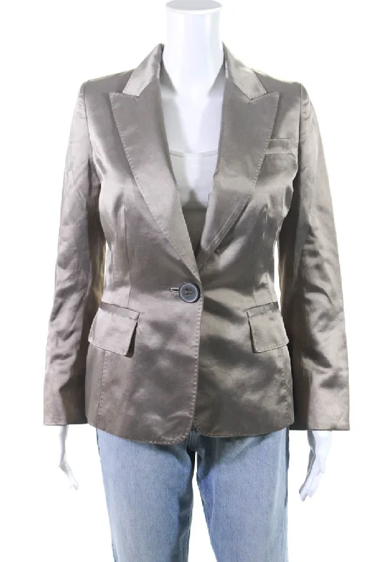 KaufmanFranco Womens Single Button Pointed Lapel Satin Blazer Jacket Gray