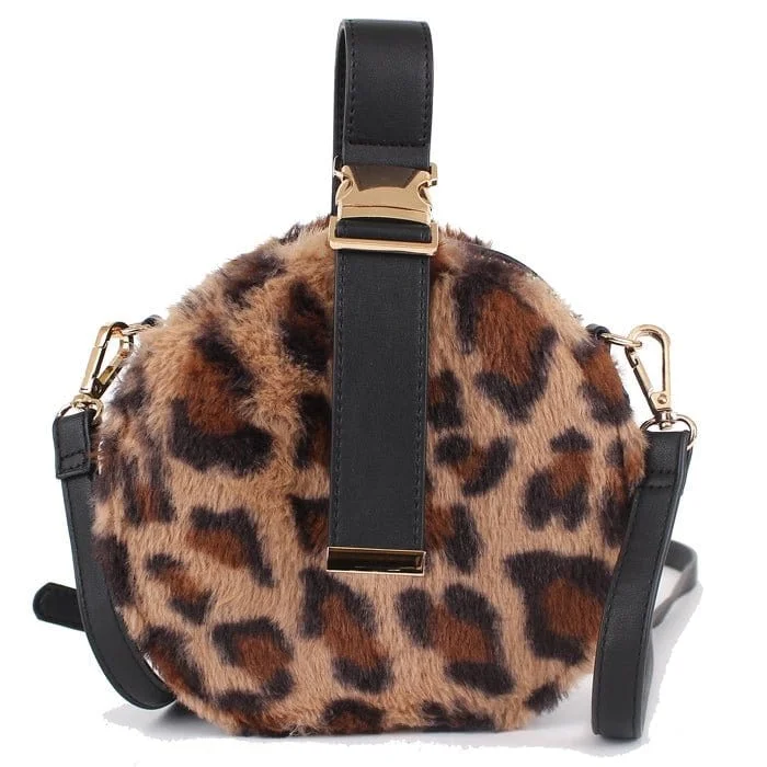 H87611 Leopard Fur Hat Box Handbag/Crossbody