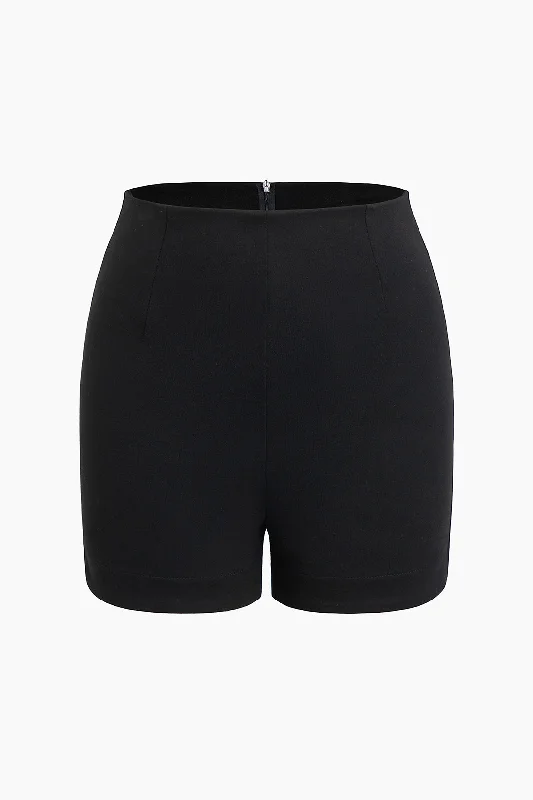 Solid Slim Fit Zipper Shorts