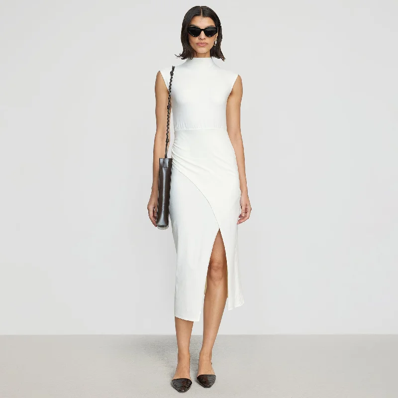 Yimei Mock-Neck Side-Slit Dress | Cream