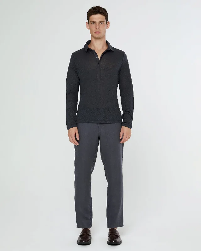 Long Sleeve Linen Polo | Gunmetal