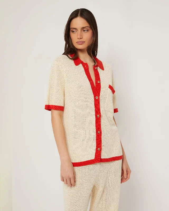 Oversized Linen Knit Button Up Shirt | Cream/Poinciana